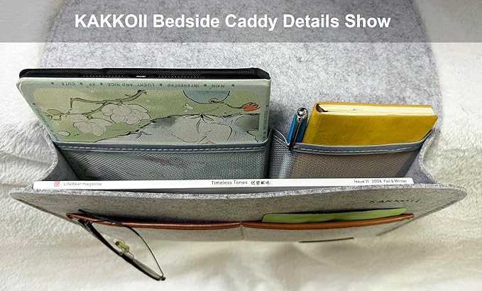 Bedside Caddy, Sofa Caddy, Storage Organizer Pocket for Dorm, Bedroom, 5 Pockets Felt Organizer for Magazine, Remote, Phone, Tablet, Pad, Glasses, Pen, Remote Control (Brown-Short)