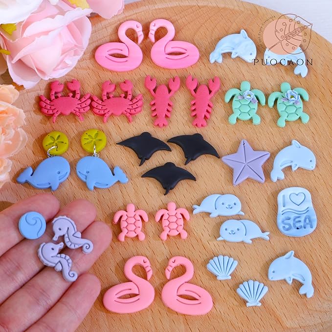Puocaon Ocean Animal Clay Cutters - 22 Pcs Clay Cutters for Polymer Clay Jewelry, Dolphin Starfish Polymer Clay Earring Cutters, Turtle Seashell Clay Cutters for Earrings, Lobster Clay Cutters