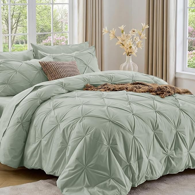 Sasttie King Size Comforter Set, 7-Piece Bed in a Bag, Pintuck Bedding Set for All Season, Includes Comforter, Flat Sheet, Fitted Sheet, Pillowcases and Pillowshams, Sage Grey