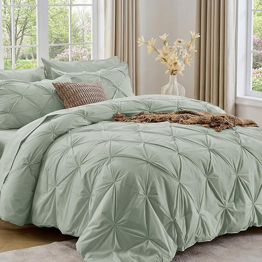 Sasttie Full Size Comforter Set, 7-Piece Bed in a Bag Double, Pintuck Bedding Set for All Season, Includes Comforter, Flat Sheet, Fitted Sheet, Pillowcases and Pillowshams, Sage Grey