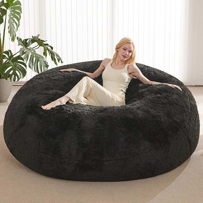 Bean Bag Cover(No Filler), Fluffy Beanbag Chairs Cover Only, Stuffed Animal Storage Bean Bag, Washable Lazy Sofa Beanbag Cover Without Filler, 6FT, Black