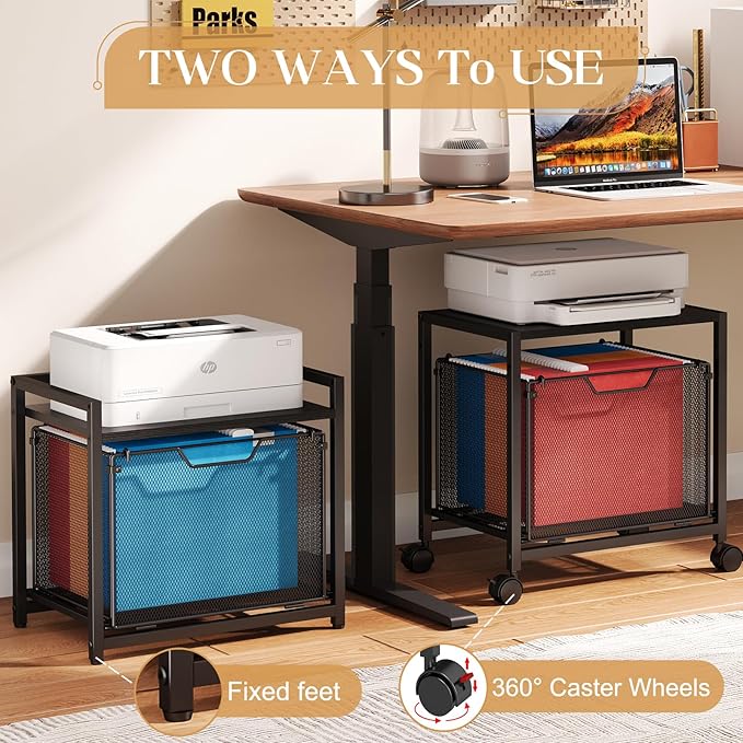 JKsmart Under Desk Storage, Printer Stand with Drawer, Rolling File Cabinet with Adjustable Table Top, 2 Tier Industrial Shelf on Fixed Feet Wheels, Sofa Side Table Organizer for Home, Office, Black