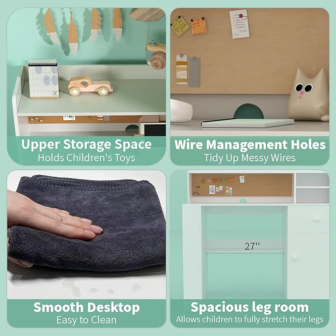 JMMD Kids Desk and Chair Set with Hutch, Wooden Student's Study Desk with Storage Cabinet and Drawer, Children Computer Writing Table for Girls Boys 8-12 Years, White