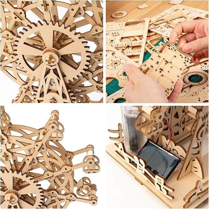 auryee Solar 3D Wooden Puzzle Ferris Wheel DIY Model Kit Craft Sets Educational Wood Mechanical Building Toys for Adult Men Kids Age 8 10 12 14＋