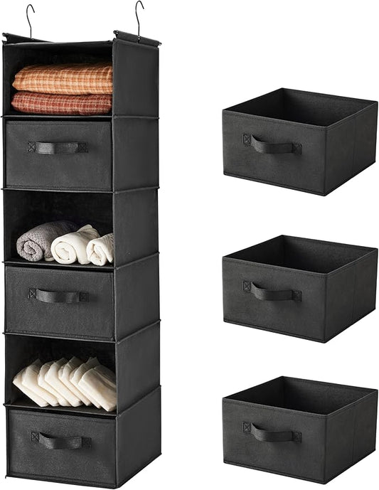 MAX Houser 6 Tier Shelf Hanging Closet Organizer, Closet Hanging Shelf with 2 Sturdy Hooks for Storage, Foldable (Black-D3)