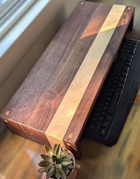 Walnut and Maple Monitor Stand Riser for Desk, Solid Wood Computer Shelf with Keyboard Storage, Ergonomic Desktop Organizer, 24-inch