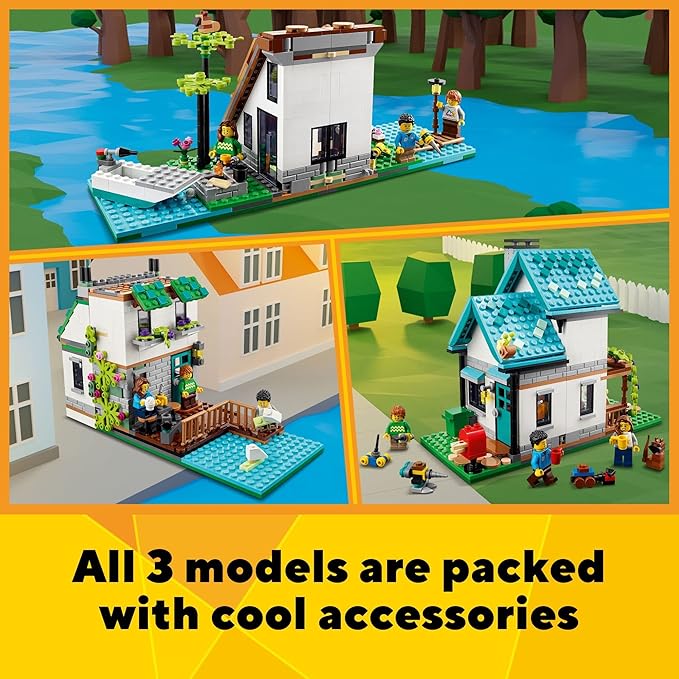 LEGO Creator 3 in 1 Cozy House Building Kit, Rebuild into 3 Different Houses, Includes Family Minifigures and Accessories, DIY Building Toy Ideas for Outdoor Play for Kids, Boys and Girls, 31139