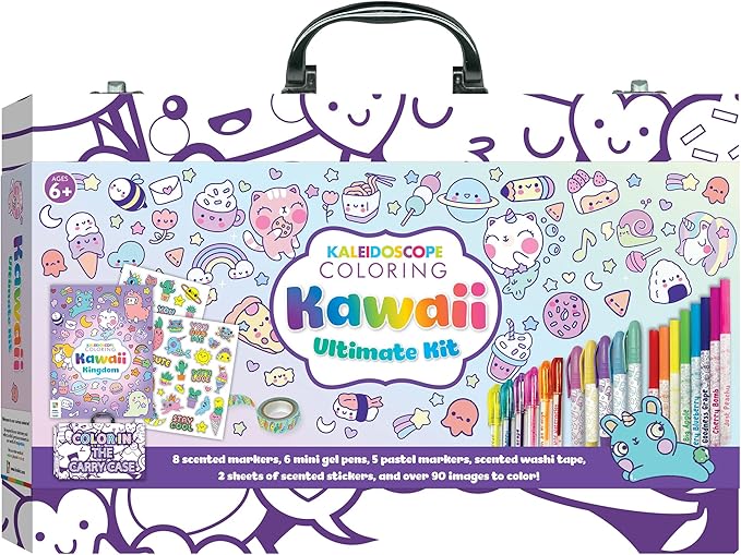 Hinkler Kaleidoscope: Coloring Kawaii Ultimate Kit - Kids Cute Carry Case Kit Includes Scented Markers, Stationery & Stickers, Color in The Case, Ages 6+