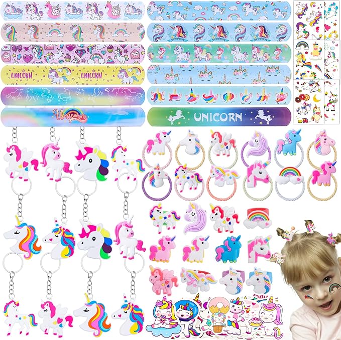133Pcs Unicorn party favors, Unicorn Theme Birthday party decoration party favors Pack with Unicorn bracelet, unicorn hair rings, Key chains,Tattoos for Unicorn goodies bag Fillers Pinata Filler