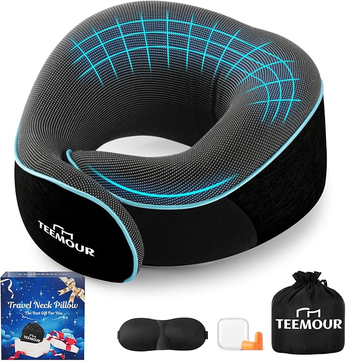 Upgraded Neck Pillow for Airplane Travel - 360° Support Stops Head Bobbing, Memory Foam Travel Pillow With Eye Mask & Earplugs, Portable Carry Bag for Long Flights/Car| Airplane Accessories Black