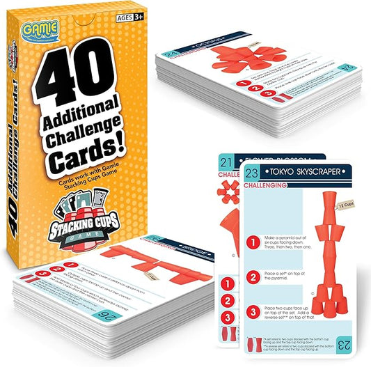 Gamie Challenge Cards for Stacking Cups Game - 40 Additional Cards with Instructions - 20 Medium and 20 High Difficulty Cards for Next Level Fun - Stacking Cups Sold Separately