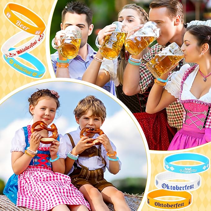 JUNEBRUSHS 42pcs Oktoberfest Party Favors Silicone Bracelets Rubber Wristbands Accessories for Beer Festival Oktoberfest Party Bavarian Style Decorations Supplies(6 Designs)
