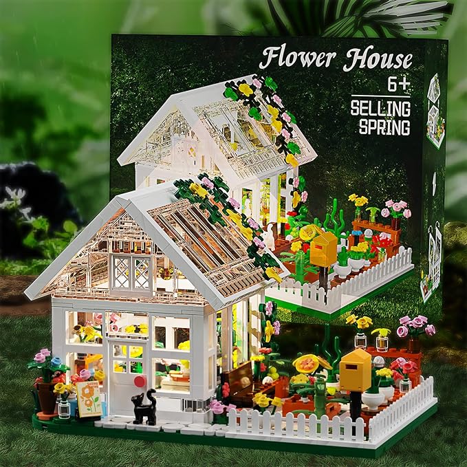 Flower House Building Mini Set with LED, City Street View Greenhouse Building Blocks Toy, Valentine Xmas Gift for Friends or Girls 8-12 Year