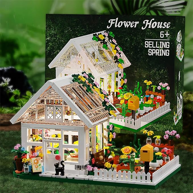 Flower House Building Mini Set with LED, City Street View Greenhouse Building Blocks Toy, Valentine Xmas Gift for Friends or Girls 8-12 Year
