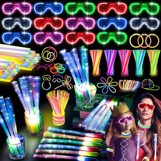 238 PCS Glow in the Dark Party Supplies, 24 PCS Glow Fiber Optic Wands, 14 PCS LED Glasses and 100 PCS Glow Sticks, 100 PCS Connectors, New Year Party Favors for Concert, Raves Birthday
