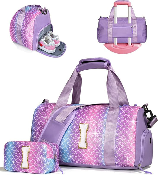 Birthday Gifts for Granddaughter-Girl Gym Bag with Shoe Compartment, Kid Personalized Weekender Overnight Bags, Initial Travel Tote with Makeup Pouch Valentine's Day Gift for Kids (Letter I)