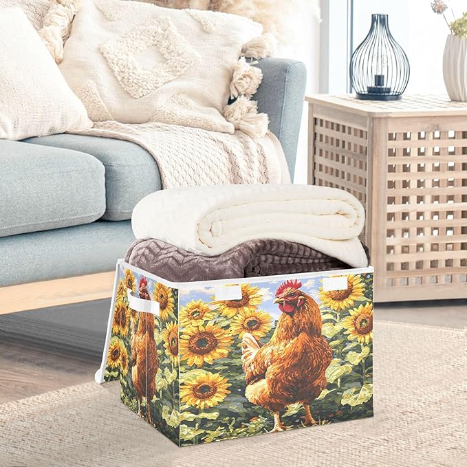 senya Large Storage Bins with Linen Collapsible Foldable Storage Cubes Fabric Closet Organizer Containers box with Flip-Top Lid for Home Bedroom Office 16.7 x 12.6 x 11.8in (Chicken Pattern)