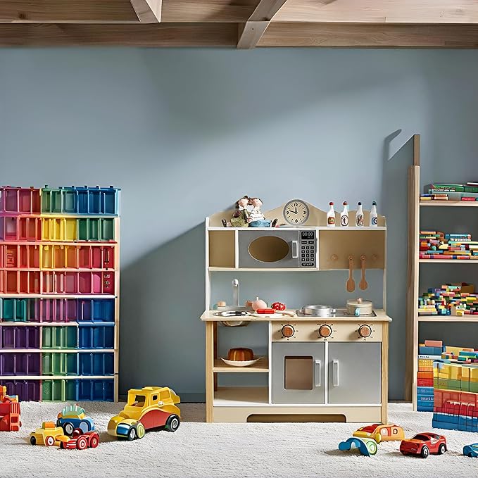 Kids Play Kitchen, Wooden Kitchen Playset for Kids with 12 Pcs Toy Food & Cookware Accessories, Toys Kitchen Small Pretend Play Kitchen for Toddlers