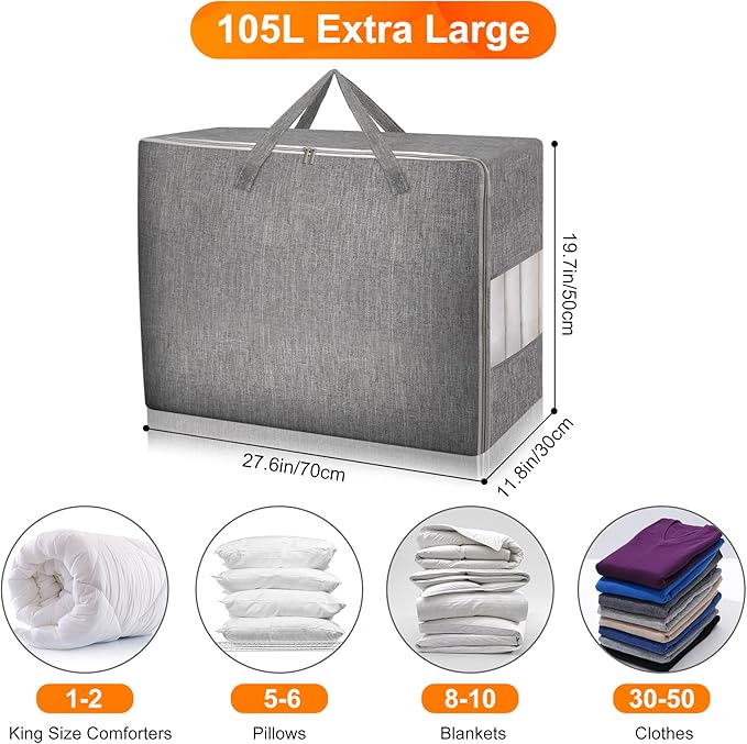 2 Pack 105L Comforter Storage Bags, Extra Large Bedding Storage Bags with Clear Window, Reinforced Handles & Zippers, Foldable Closet Organizers for Blanket Pillow Clothes