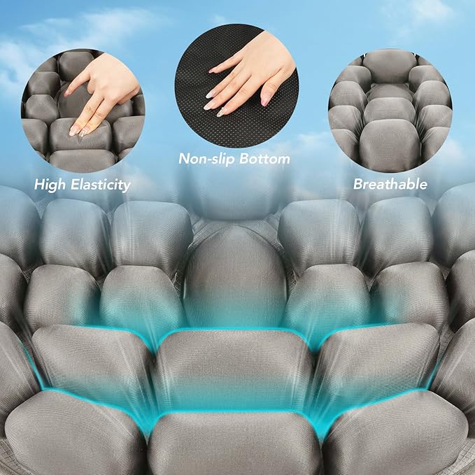 Travel Seat Cushion, 3D Air Inflatable Pressure Relief Cushion for Hemorrhoid and Tailbone Pain Relief, Optimal Support for Long Sitting in Car, Air Travel, Office Chairs, Home Living