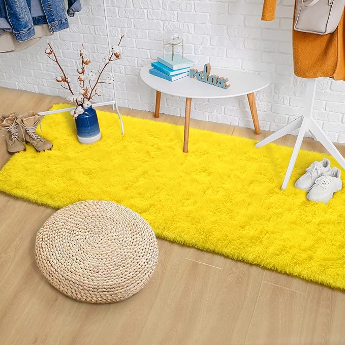 Keeko Runner Rugs for Bedroom Girls Room, 2x6 Fluffy Bedside Kids Room Rug Shag Cute Indoor Baby Rugs Fuzzy Modern Area Carpet for Teen Kid Girl Child Nursery Living Room Dorm Decor Yellow