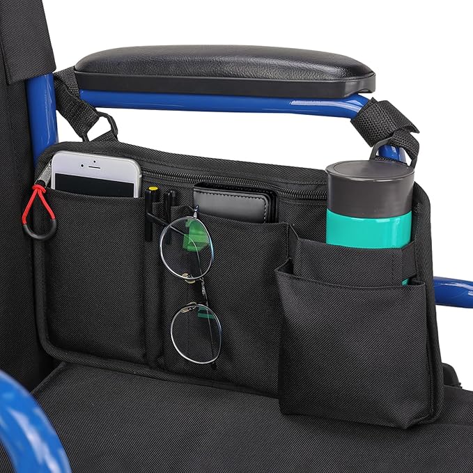 JOYTUTUS Walker Side Bag, Wheelchair Armrest Storage Pouch with Cup Holder, Wheelchair Accessories for Seniors, Walker Bag Cup Holder for Walker, Rollator, Electric Scooter or Wheelchair Black