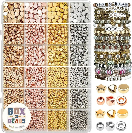 3000 Piece Gold Spacer Beads Set for Bracelet Making, Metallic, Rose, Yellow Gold and Silver Round, Stars and Hearts for Jewelry Making for Teens Adults, Friendship Bracelet Kit