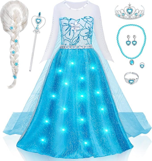 G.C Girls Light Up Elsa Dress Costume Toddler Princess Dress Up with Cape Kids Elsa Wig Crown Toys Halloween Cosplay