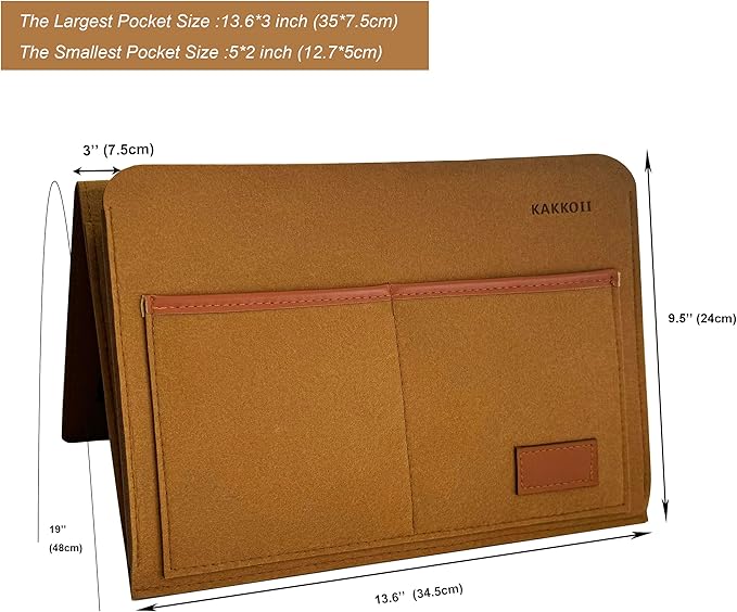Bedside Caddy, Sofa Caddy, Storage Organizer Pocket for Dorm, Bedroom, 5 Pockets Felt Organizer for Magazine, Remote, Phone, Tablet, Pad, Glasses, Pen, Remote Control (Brown-Short)