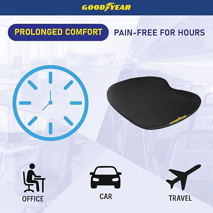 Goodyear Memory Foam Car Seat Cushion – Gel Seat Cushions for Office Chairs, Tailbone Pain Relief Cushion, Cooling Pillow, Slim Fit Car Seat
