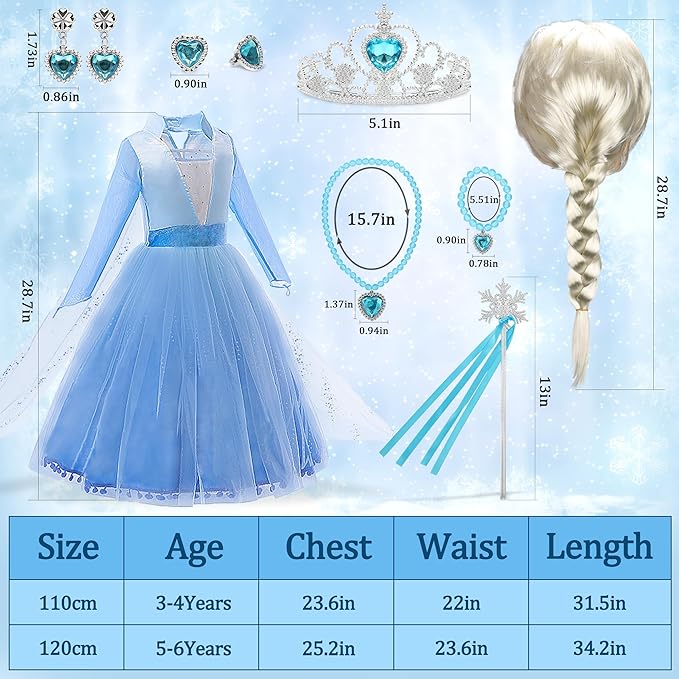 Els-a Princess Dress Costume Girls - 47.24 Inch Froze Cute Blue Princess Skirt Wig Set Role Play for Valentine's Day Birthday Party Gifts for Girls(120cm)
