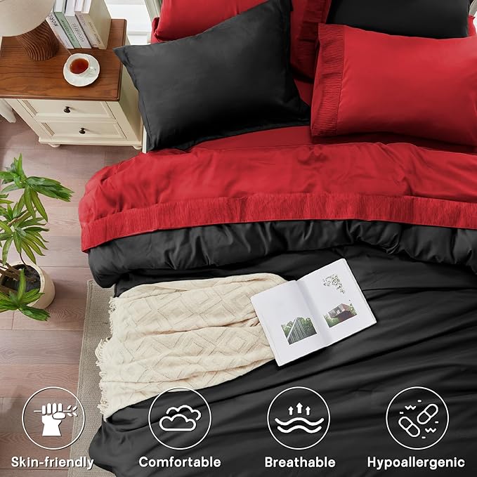 Anluoer Black and Red Queen Comforter Set 7 Pieces, Bed in a Bag with Sheets, All Season Bedding Sets with 1 Comforter, 2 Pillow Shams, 2 Pillowcases, 1 Flat Sheet, 1 Fitted Sheet