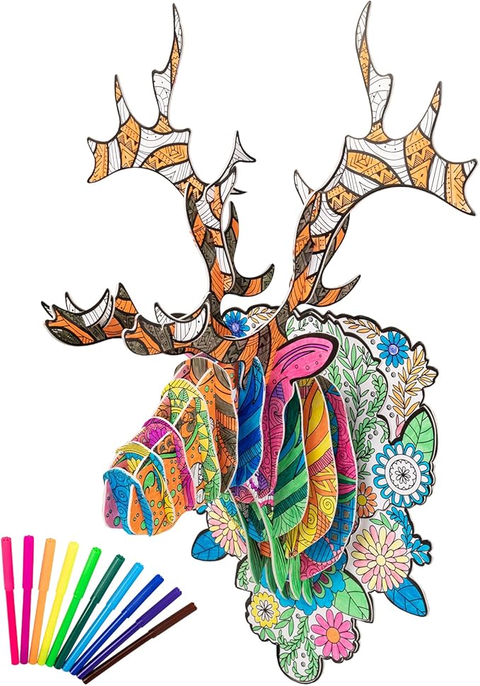 Hautton 3D Coloring Puzzle, Creative DIY Painting Puzzle Set Toy with 10 Colouring Pens, Fun Arts Crafts Gift for Kids Age 3 4 5 6 7 8 9 10 11 12 -Elk