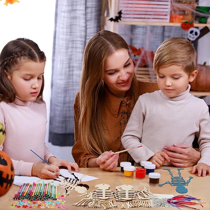 Fennoral 9 Pack Skeleton Wind Chime Kit for Kids Make You Own Skeleton Wind Chime Hanging Ornaments DIY Coloring Wooden Halloween Crafts for Boys Girls Art Activity Halloween Party Decoration