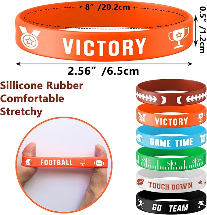 Lesnala 48 PCS Football Silicone Wristband Rugby Bracelets for Kids and Adults Motivational Sports Themed Party Supplies Classroom Rewards 6 Styles