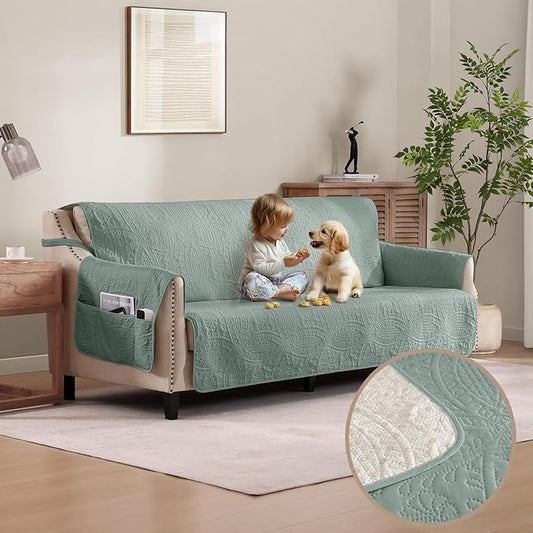 Soft Sage Quilted Couch Cover with Pockets for Extra-Large Sofa, Anti-Slip Sofa Covers Washable for 3 Cushion, Pet Friendly Oversized Sofa Cover Water-Repellent (X-Large Sofa 78", Sage Green)