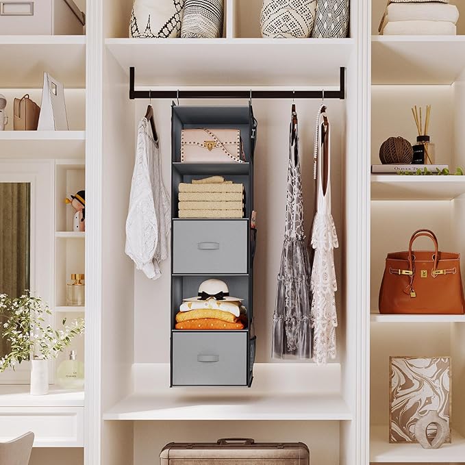 YOUDENOVA Hanging Closet Organizer, 5 Tier Hanging Closet Shelves with Drawers and 6 Side Pockets, Light Grey