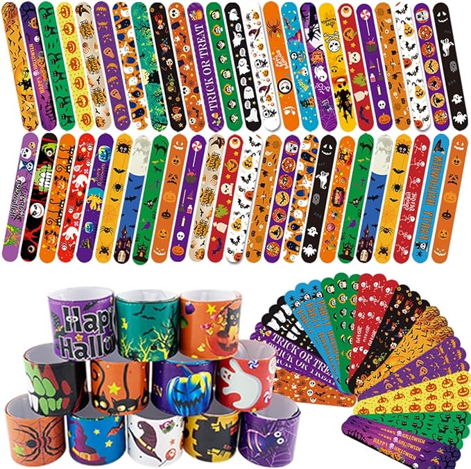 Halloween Slap Bracelet,100Pcs Slap Bracelet Wristbands with Spider Pumpkin Ghost Zombie Bat Witches Design Snap Bracelet for Kids Party Favors Toys Prizes Goodie Bags Fillers