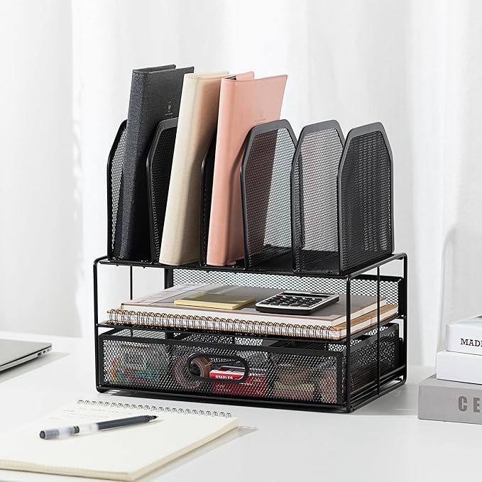 Amazon Basics Mesh Desk Organizer with Sliding Drawer, Double Tray and 5 Upright Sections, Black