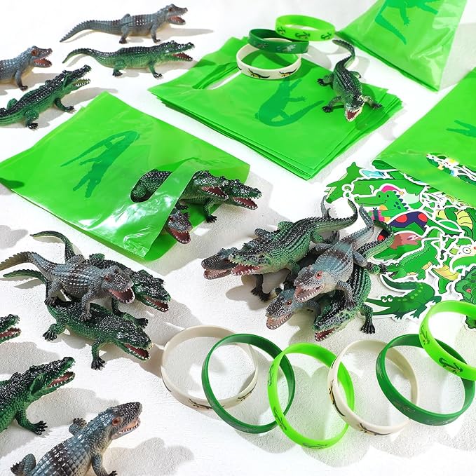 Leyndo 122 Pcs Crocodile Party Favors Gift Set Reptile Party Supplies Crocodile Birthday Party Supplies Reptile Party Favors Crocodile Silicone Wristbands Stickers Toy Bag for Reptile Party Supplies