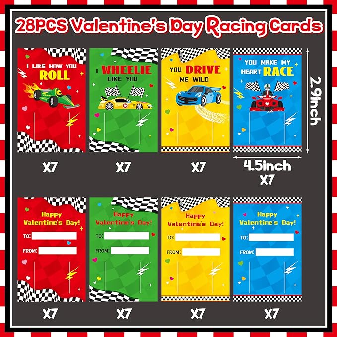 ANGOLIO 28 PCS Valentine's Day Race Cars Slap Bracelet with Gift Cards for School Greeting Gifts Exchange Valentine's Day Race Car Toys Set Classroom Prize Goodies Bag