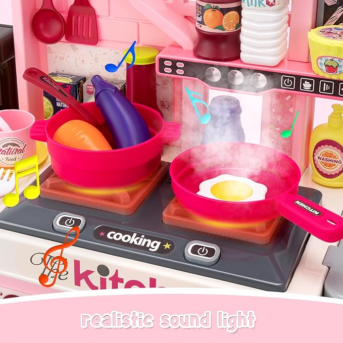 Kids Kitchen Playset-53pcs Cooking Stove,Paly Sink,Oven,Kitchen Toys with Realistic Lights&Sounds，Pretend Play Toys,Kitchen Toys for Toddlers 1 2 3 (Pink)
