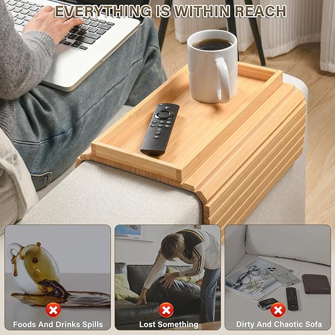 Bamboo Sofa Arm Tray, Anti-Dropping Couch Arm Tray, Foldable Sofa Armrest Tray Couch Arm Table for Eats, Drinks, Snacks, Remote, Cellphone, Cup Holder, Back Anti-Slip Pad Design