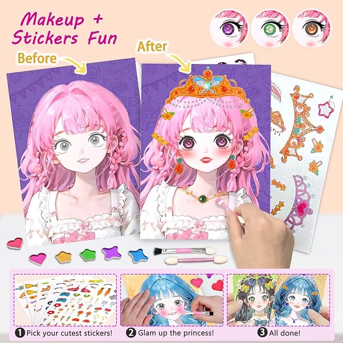4-in-1 Dress Up Game Set, Princess Fantasy Makeup, Fashion Dress-Up Stickers, Mermaid Stickers & Diamond Painting, Creative Paper Art Craft Kits Toys, Ideal Birthday Gift for Girls Ages 4 5 6 7 8 9+