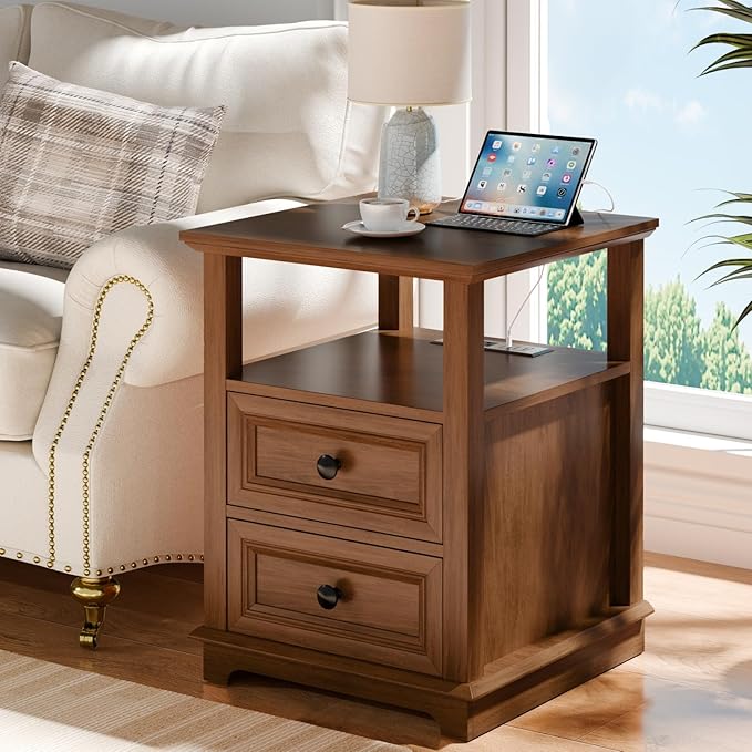 End Table with Fast USB C Charging Station, 18" Wide Tall Sofa Side Table with 2 Drawers, Large Storage Rustic Wood Square Storage Cabinet for Living Room,Bedroom,Office