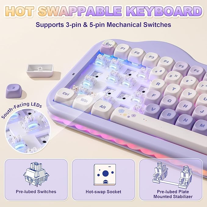 YUNZII C75 Wireless Mechanical Keyboard,75% Layout, Hot-Swappable NKRO,BT5.0/2.4G/USB-C Mode,Dye-Sub PBT MOA Keycaps,RGB Gasket Mount,Cute Cake Design for Mac/Win/Gaming (Purple, Milk V2 Switch)