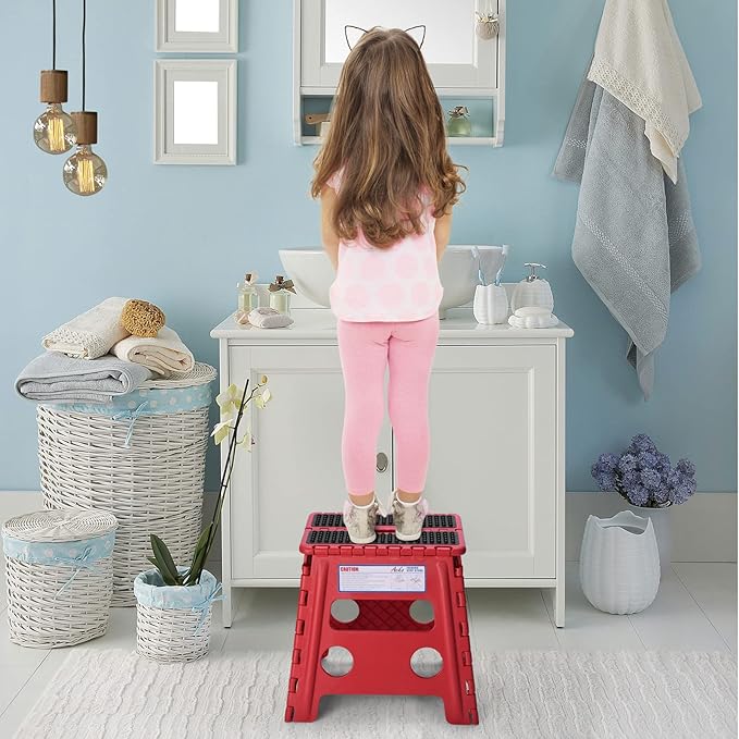 ACKO Folding Step Stool - 13" Height Premium Heavy Duty Foldable Stool for Kids and Adults, Kitchen Garden Bathroom Stepping Stool (1 Pack) Dot Red
