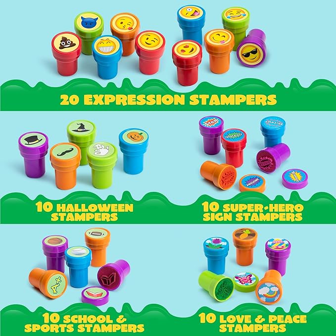 JOYIN 100PCS Assorted Stamps for Kids Self-Ink for Party Favor, Teacher Stamps, Kids Treasure Box, Prize for Classroom, Easter Egg Stuffers (50 Designs, Dinosaur, Halloween Stampers)