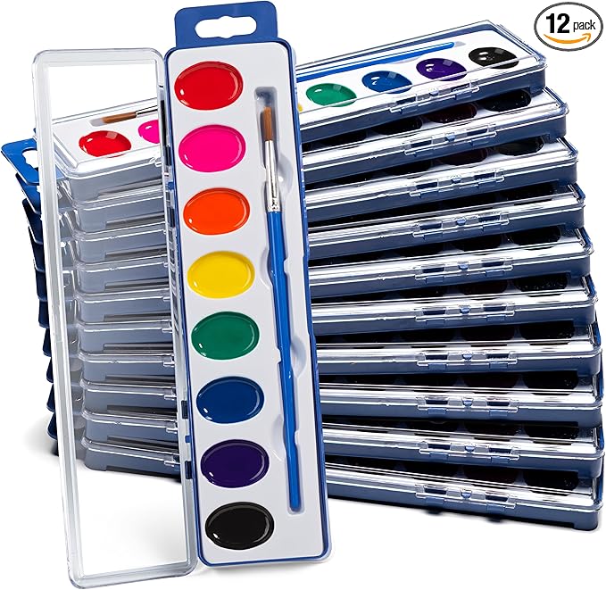 Bedwina Watercolor Paint Sets for Kids - Bulk Pack of 12, 8 Washable Water Color Paints in Palette Tray and Painting Brush for Coloring, Art, Classrooms and Paint Party Supplies