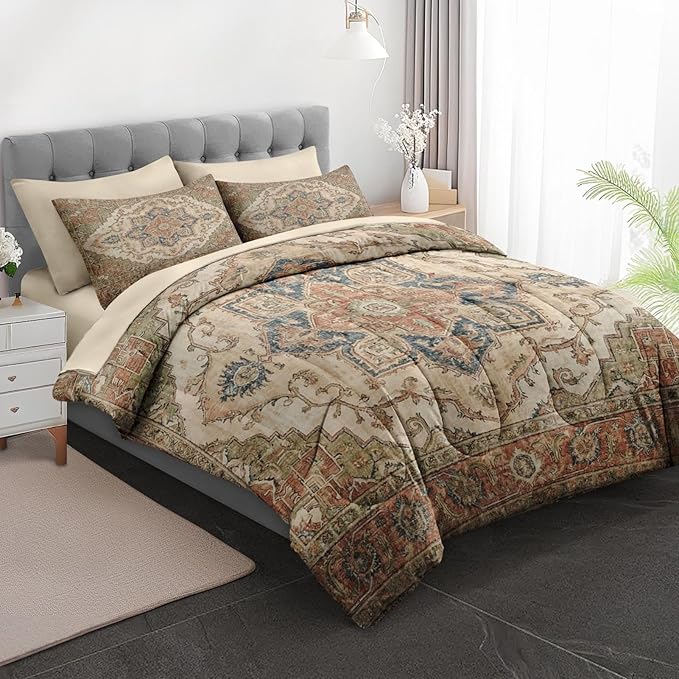 Comforter Set Full Size, Vintage Medallion 7 Pcs Bedding for Kids and Adults, Oriental Floral Bed Sheet Sets with Fitted Sheet 2 Pillowcases & 2 Shams for Bedroom Bed Decor